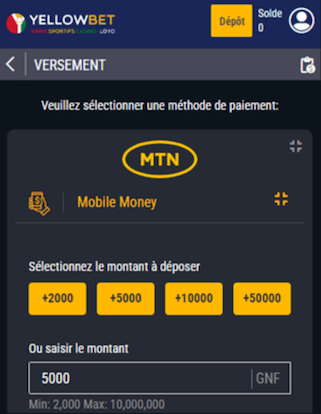 Information dépôt avec MTN Momo sur Yellow Bet Guinée