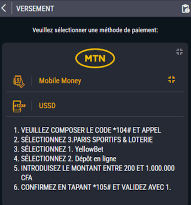 Information dépôt avec MTN USSD sur Yellow Bet Congo