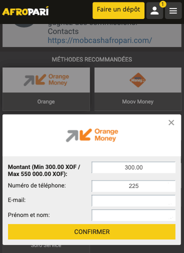 Informations sur le dépôt avec Orange Money sur Afropari