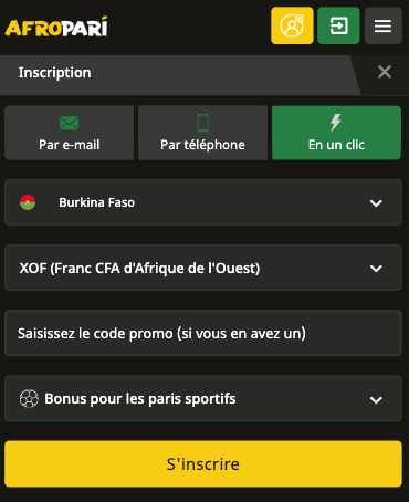 Informations sur l'inscription sur le site de paris sportifs Afropari